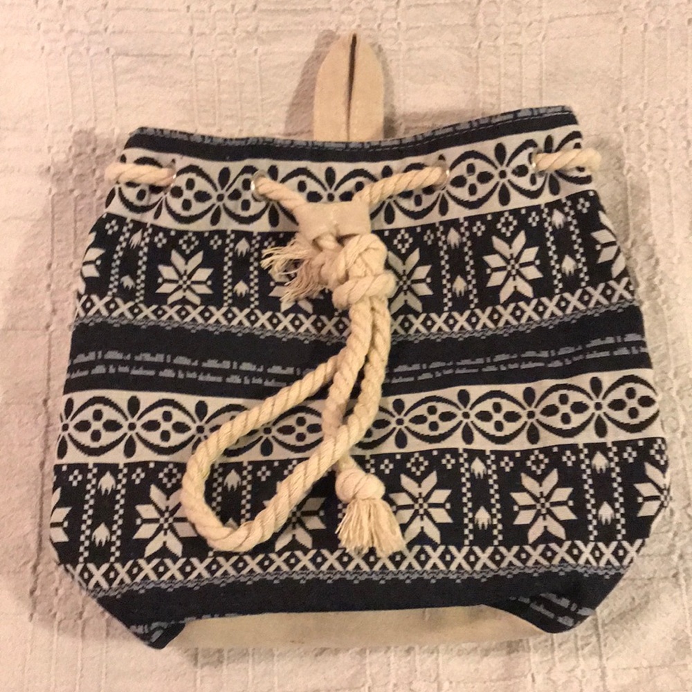 Women’s Canvas Backpack String Satchel Boho Bag Navy/Cream